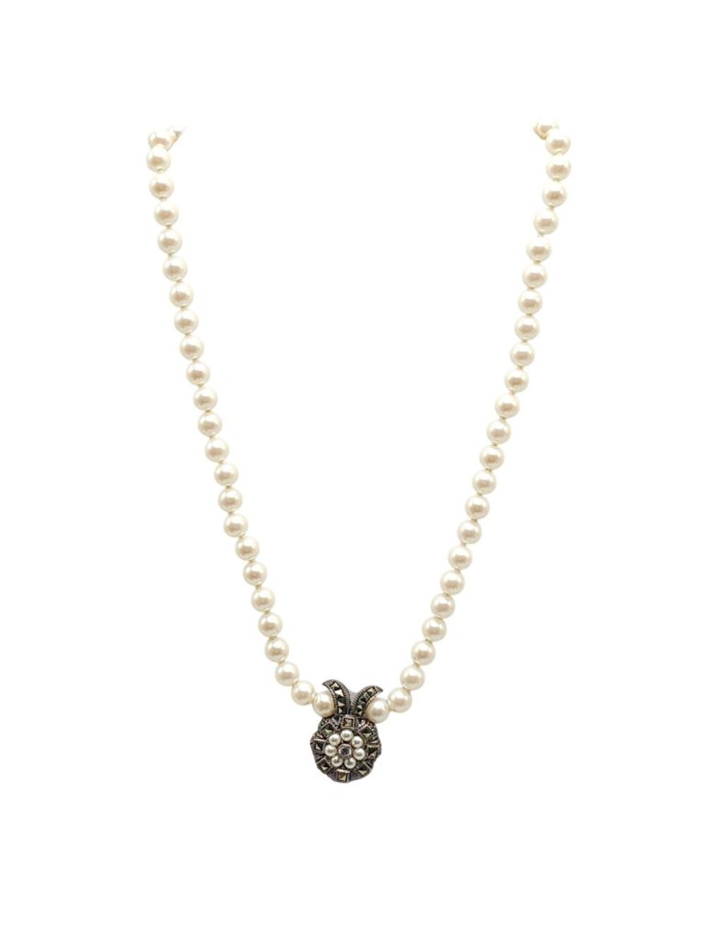 Judith Jack Sterling Silver Marcasite Faux Pearl Necklace With Flower Pendant 16